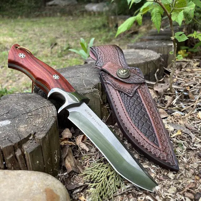 Alt view image 3 of 7 - M390 Steel Handmade Hunting Knife, Fixed Blade Full-Tang with Leather Sheath, Red Wood Non-Slip Handle - Survival, Tactical, Camping knives