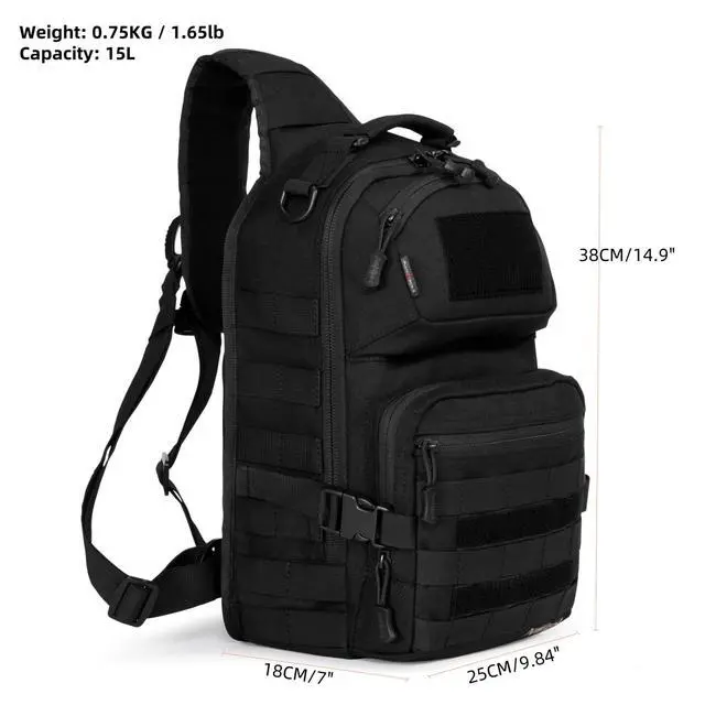 Alt view image 3 of 6 - 15L 1050D Urban Tactical Sling Bag for Men, 12 Inch Laptop, Black | Water Resistant Heavy Duty MOLLE Crossbody One Shoulder Strap Backpack, Everyday Carry Commuting, Travel, Cycling, Motorcycle