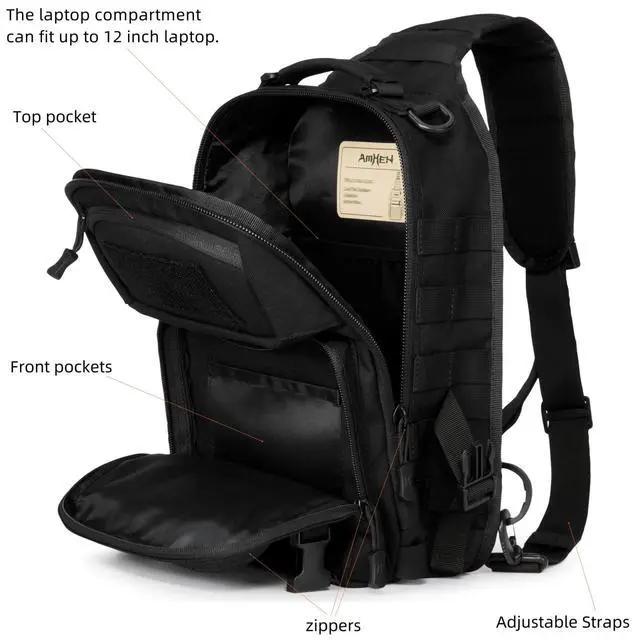 Alt view image 4 of 6 - 15L 1050D Urban Tactical Sling Bag for Men, 12 Inch Laptop, Black | Water Resistant Heavy Duty MOLLE Crossbody One Shoulder Strap Backpack, Everyday Carry Commuting, Travel, Cycling, Motorcycle