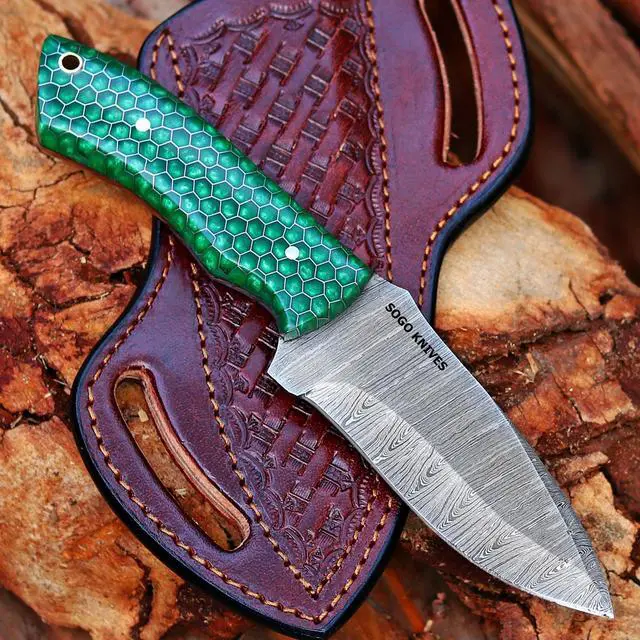Main image of Fixed Blade Damascus Steel Hunting Knife, 9'' Full Tang with Leather Sheath, Non-Slip Wooden Handle, Camping Knife (GREEN)