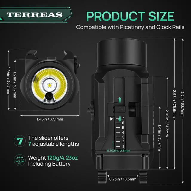 Alt view image 3 of 7 - Upgraded 2000 Lumens Magnetic Rechargeable Weapon Light & Green Laser Combo, Aluminum Alloy Tactical Flashlight with Adjustable Rail, Strobe Mode, Fits Most Picatinny/GL Rail & Holsters
