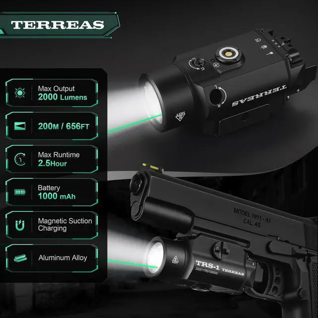 Alt view image 2 of 7 - Upgraded 2000 Lumens Magnetic Rechargeable Weapon Light & Green Laser Combo, Aluminum Alloy Tactical Flashlight with Adjustable Rail, Strobe Mode, Fits Most Picatinny/GL Rail & Holsters