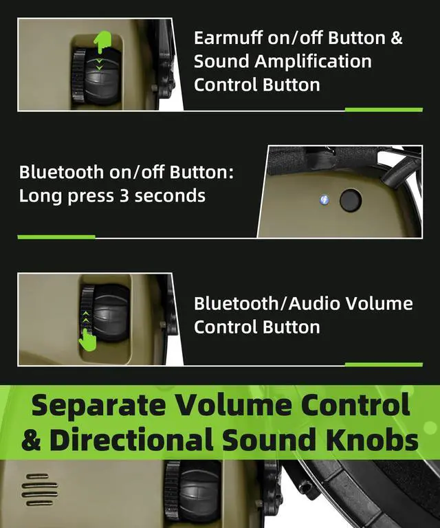 Alt view image 5 of 7 - 035 Upgraded Bluetooth 6.0 Electronic Shooting Ear Protection Earmuffs with Gel Ear Pads, Noise Canceling & Sound Amplification, NRR 22dB for Shooting Range & Hunting (Green Bluetooth+Gel Pads)