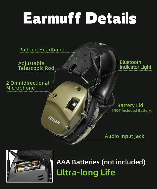 Alt view image 6 of 7 - 035 Upgraded Bluetooth 6.0 Electronic Shooting Ear Protection Earmuffs with Gel Ear Pads, Noise Canceling & Sound Amplification, NRR 22dB for Shooting Range & Hunting (Green Bluetooth+Gel Pads)