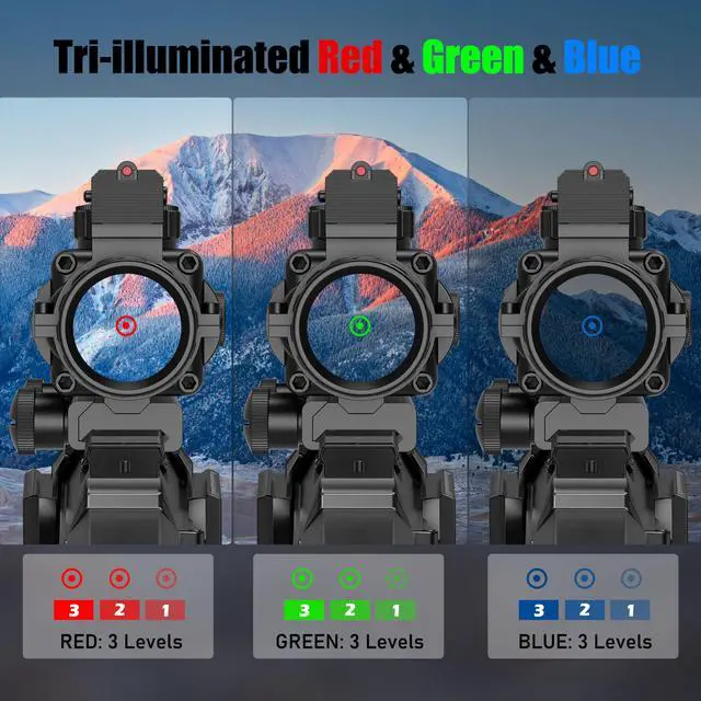 Alt view image 2 of 7 - Prism 4x32 Red/Green/Blue Triple Illuminated Rapid Range Reticle Rifle Scope W/Top Fiber Optic Sight and Weaver Slots