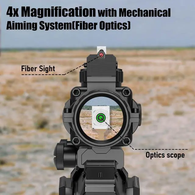 Alt view image 4 of 7 - Prism 4x32 Red/Green/Blue Triple Illuminated Rapid Range Reticle Rifle Scope W/Top Fiber Optic Sight and Weaver Slots