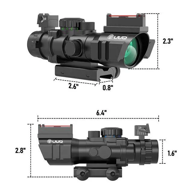 Alt view image 6 of 7 - Prism 4x32 Red/Green/Blue Triple Illuminated Rapid Range Reticle Rifle Scope W/Top Fiber Optic Sight and Weaver Slots