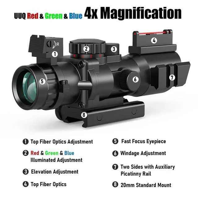 Alt view image 7 of 7 - Prism 4x32 Red/Green/Blue Triple Illuminated Rapid Range Reticle Rifle Scope W/Top Fiber Optic Sight and Weaver Slots