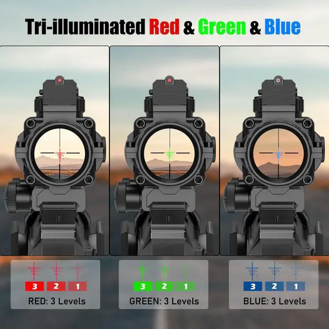 Alt view image 3 of 6 - Prism 4x32 Red/Green/Blue Triple Illuminated Rapid Range Reticle Rifle Scope W/Top Fiber Optic Sight and Weaver Slots