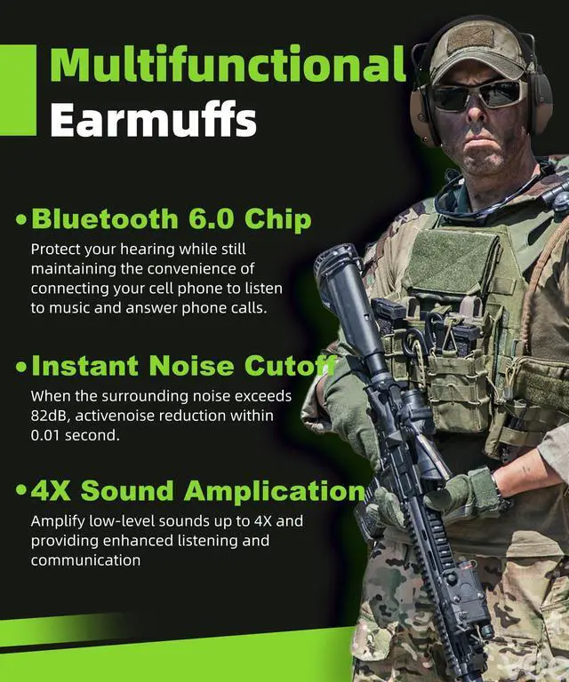 Alt view image 2 of 7 - 035 Bluetooth 6.0 Shooting Ear Protection Earmuff, Active Noise Canceling, Hearing Protection with Sound Amplification (Brown Bluetooth)