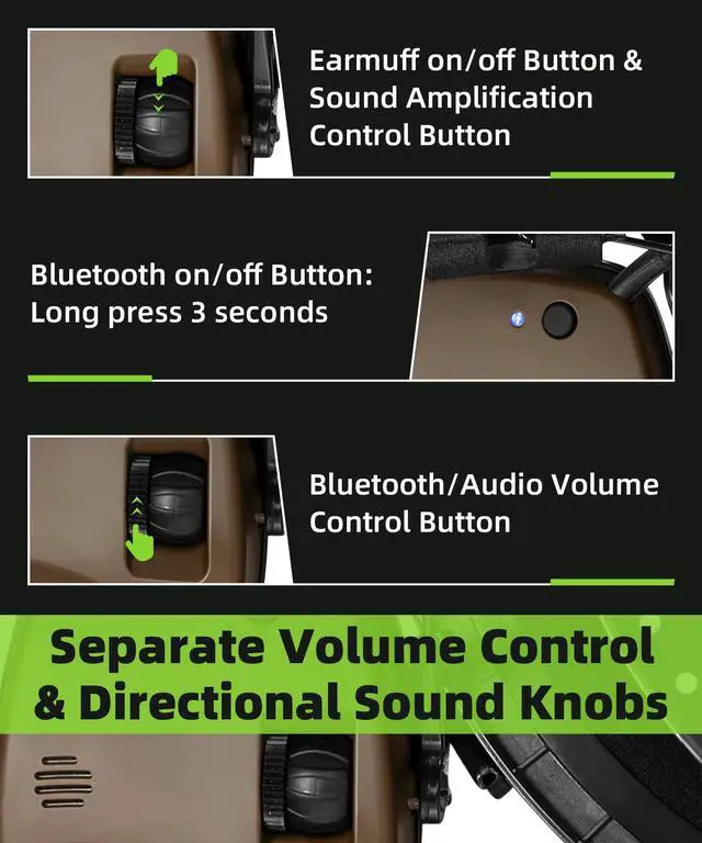 Alt view image 5 of 7 - 035 Bluetooth 6.0 Shooting Ear Protection Earmuff, Active Noise Canceling, Hearing Protection with Sound Amplification (Brown Bluetooth)