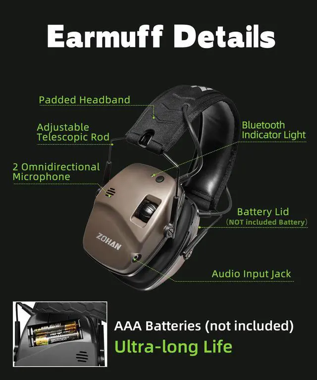 Alt view image 6 of 7 - 035 Bluetooth 6.0 Shooting Ear Protection Earmuff, Active Noise Canceling, Hearing Protection with Sound Amplification (Brown Bluetooth)