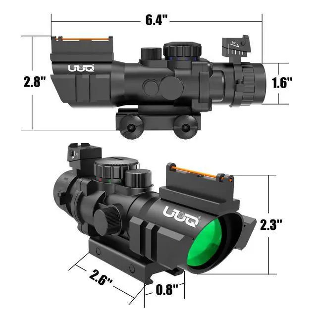 Alt view image 4 of 6 - Prism 4x32 Red/Green/Blue Triple Illuminated Rapid Range Reticle Rifle Scope W/Top Fiber Optic Sight and Weaver Slots