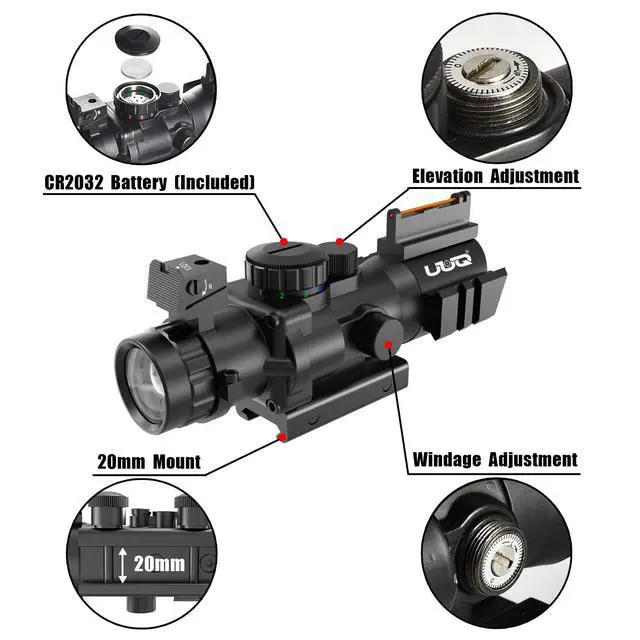 Alt view image 6 of 6 - Prism 4x32 Red/Green/Blue Triple Illuminated Rapid Range Reticle Rifle Scope W/Top Fiber Optic Sight and Weaver Slots