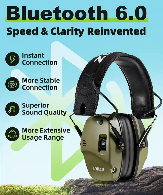 Alt view image 3 of 7 - 035 Upgraded Bluetooth 6.0 Electronic Shooting Ear Protection Earmuffs with Gel Ear Pads, Noise Canceling & Sound Amplification, NRR 22dB for Shooting Range & Hunting (Green Bluetooth+Gel Pads)