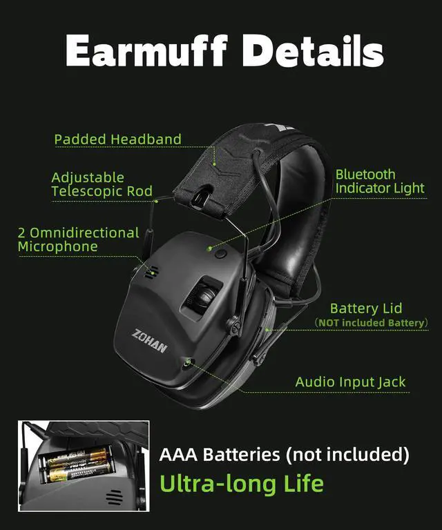 Alt view image 6 of 7 - 035 Bluetooth 6.0 Shooting Ear Protection Earmuff, Active Noise Canceling, Hearing Protection with Sound Amplification (Black Bluetooth)