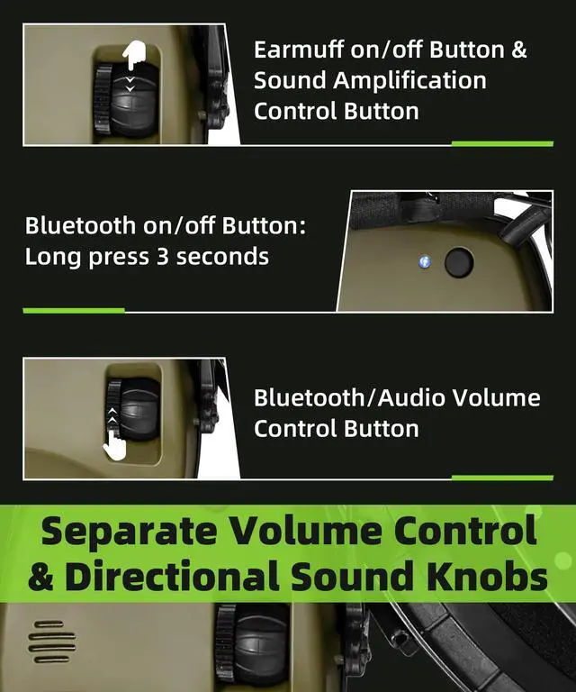 Alt view image 5 of 7 - 035 Bluetooth 6.0 Shooting Ear Protection Earmuff, Active Noise Canceling, Hearing Protection with Sound Amplification (Green Bluetooth)
