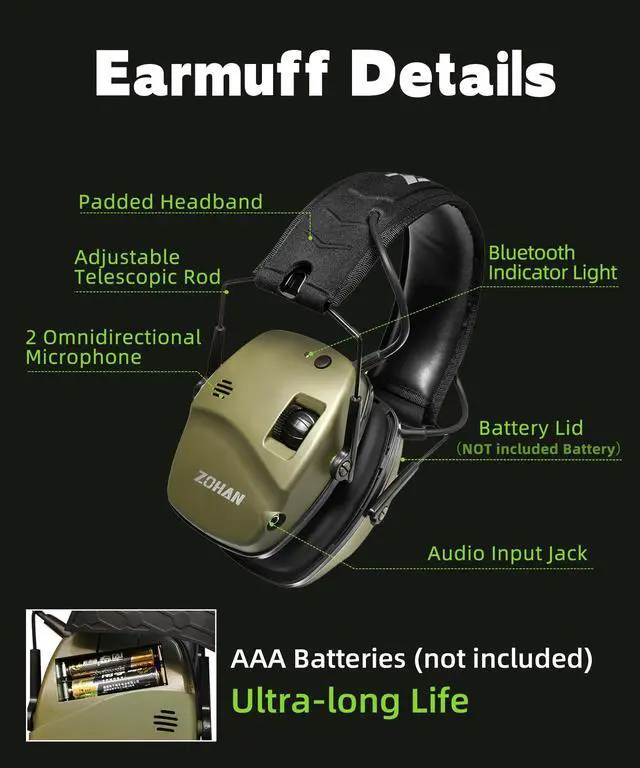 Alt view image 6 of 7 - 035 Bluetooth 6.0 Shooting Ear Protection Earmuff, Active Noise Canceling, Hearing Protection with Sound Amplification (Green Bluetooth)
