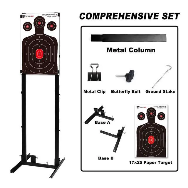Alt view image 2 of 7 - Shooting Target Stand with 10pcs 17x25 Inch Paper Targets, Durable Paper Target Holder with Stable Adjustable Base for Cardboard Silhouette, H Shape, USPSA/IPSC, IDPA Practice