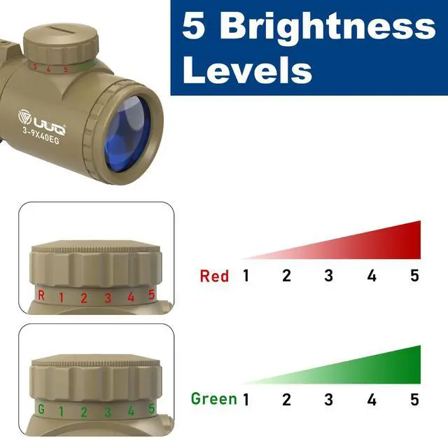 Alt view image 2 of 7 - 3-9x40 Rifle Scope with Red/Green Illuminated Rangefinder Reticle, 20mm Picatinny/Weaver Rings Included, 1/4 MOA Adjustment, Fast Focus Eyepiece, Waterproof Fogproof
