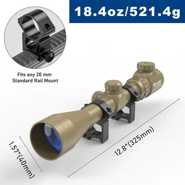 Alt view image 6 of 7 - 3-9x40 Rifle Scope with Red/Green Illuminated Rangefinder Reticle, 20mm Picatinny/Weaver Rings Included, 1/4 MOA Adjustment, Fast Focus Eyepiece, Waterproof Fogproof