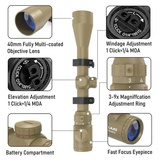 Alt view image 5 of 7 - 3-9x40 Rifle Scope with Red/Green Illuminated Rangefinder Reticle, 20mm Picatinny/Weaver Rings Included, 1/4 MOA Adjustment, Fast Focus Eyepiece, Waterproof Fogproof