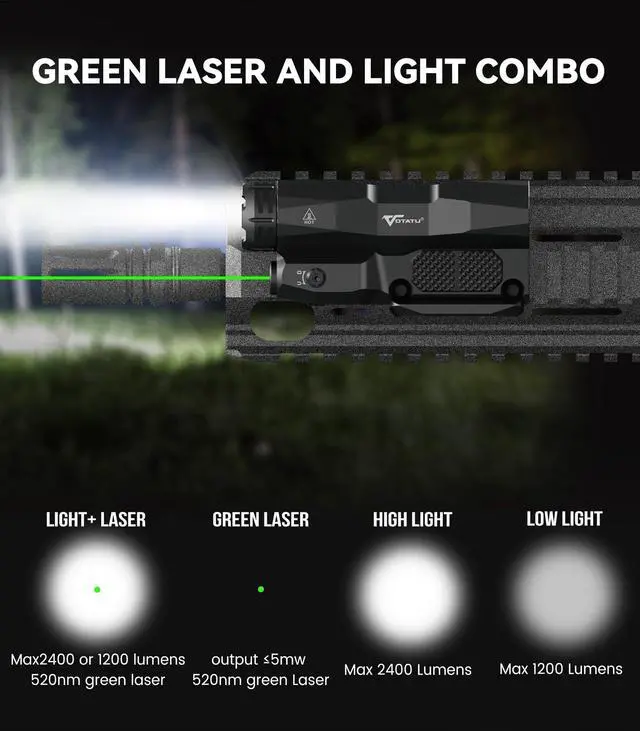 Alt view image 4 of 7 - M6L-G Picatinny/Mlok Flashlight Laser Combo Built-in Touch Pad Switch, Max 2400 Lumens LED Light and Green Laser with Tactical Strobe Mode, USB Magnetic Rechargeable