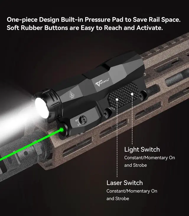 Alt view image 2 of 7 - M6L-G Picatinny/Mlok Flashlight Laser Combo Built-in Touch Pad Switch, Max 2400 Lumens LED Light and Green Laser with Tactical Strobe Mode, USB Magnetic Rechargeable