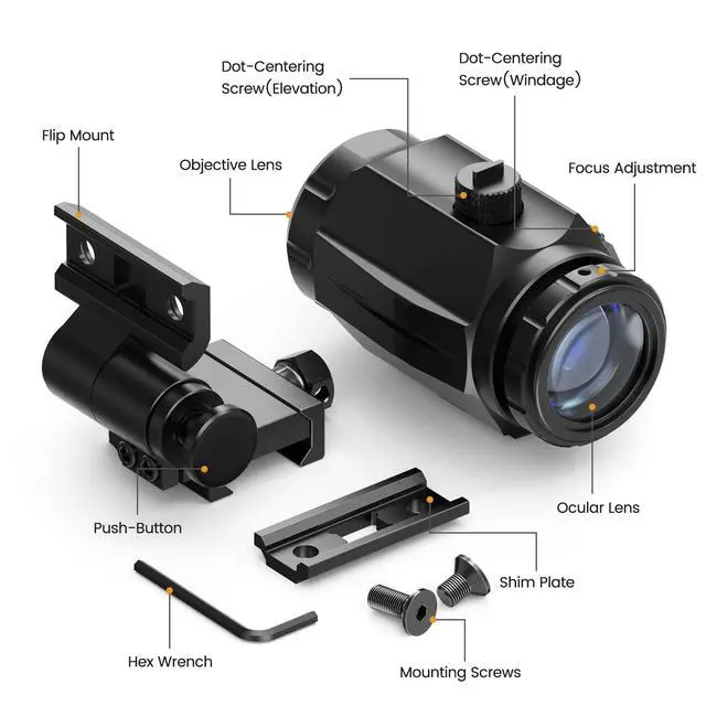 Alt view image 2 of 7 - M40 3X Red Dot Magnifier with Flip to Side Mount, Focus Adjustment, Windage & Elevation Adjustable, 37/40MM Height