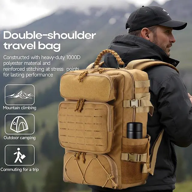 Alt view image 5 of 7 - Tactical Backpack for Men and Women, 35L Travel Military Backpack with Shoe Compartment, 1000D Water Resistant Molle Rucksack for Outdoor Hiking Travel Camping, Khaki Color