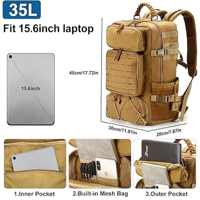 Alt view image 6 of 7 - Tactical Backpack for Men and Women, 35L Travel Military Backpack with Shoe Compartment, 1000D Water Resistant Molle Rucksack for Outdoor Hiking Travel Camping, Khaki Color