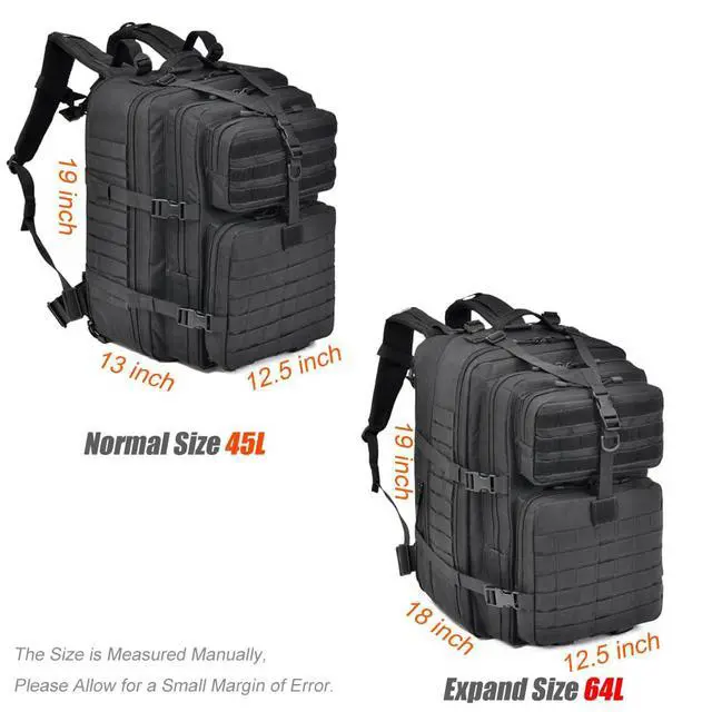 Alt view image 2 of 7 - 64L Large Tactical Backpack, Military Backpack, Molle Backpack, Tactical Bag, Hiking Daypacks (3, black)
