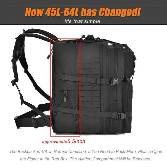 Alt view image 4 of 7 - 64L Large Tactical Backpack, Military Backpack, Molle Backpack, Tactical Bag, Hiking Daypacks (3, black)