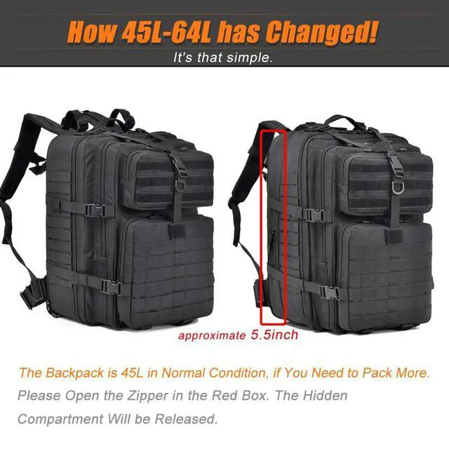 Alt view image 6 of 7 - 64L Large Tactical Backpack, Military Backpack, Molle Backpack, Tactical Bag, Hiking Daypacks (3, black)