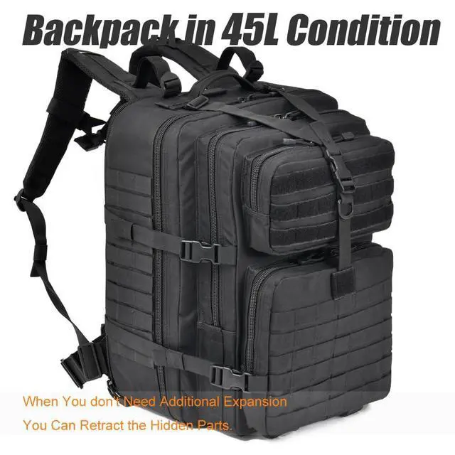 Alt view image 7 of 7 - 64L Large Tactical Backpack, Military Backpack, Molle Backpack, Tactical Bag, Hiking Daypacks (3, black)