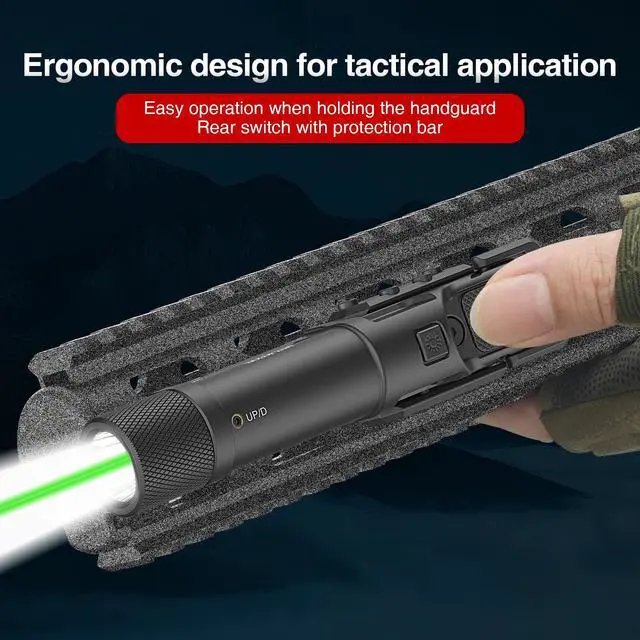 Alt view image 2 of 7 - 1750 Lumens Green Laser Light Combo for Rifle | Weapon Flashlight with Strobe/Momentary Compatible with Picatinny/ Mlok Rail, with Switch Protection Guard