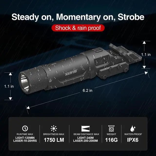 Alt view image 3 of 7 - 1750 Lumens Green Laser Light Combo for Rifle | Weapon Flashlight with Strobe/Momentary Compatible with Picatinny/ Mlok Rail, with Switch Protection Guard