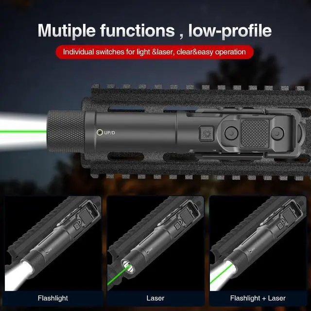 Alt view image 4 of 7 - 1750 Lumens Green Laser Light Combo for Rifle | Weapon Flashlight with Strobe/Momentary Compatible with Picatinny/ Mlok Rail, with Switch Protection Guard