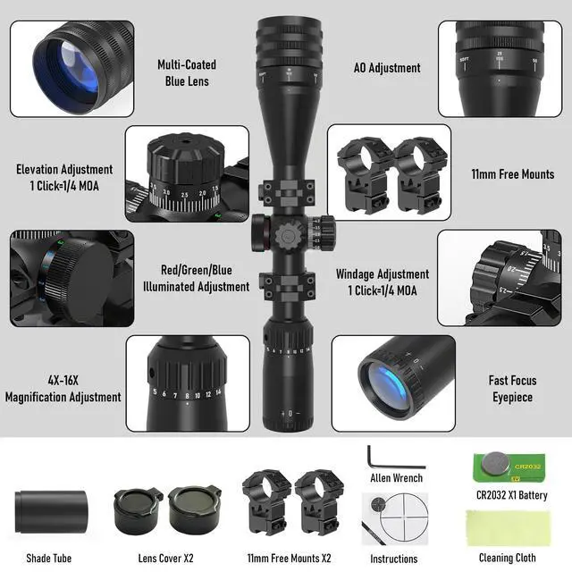 Alt view image 4 of 7 - 4-16X44AO Rifle Scope for Hunting, Fits 11mm/20mm Mounts, SFP Long Range Optics with R/G/B Illumination, Crosshairs Reticle, Front Parallax Adjustment, Locking Turret, Sunshade