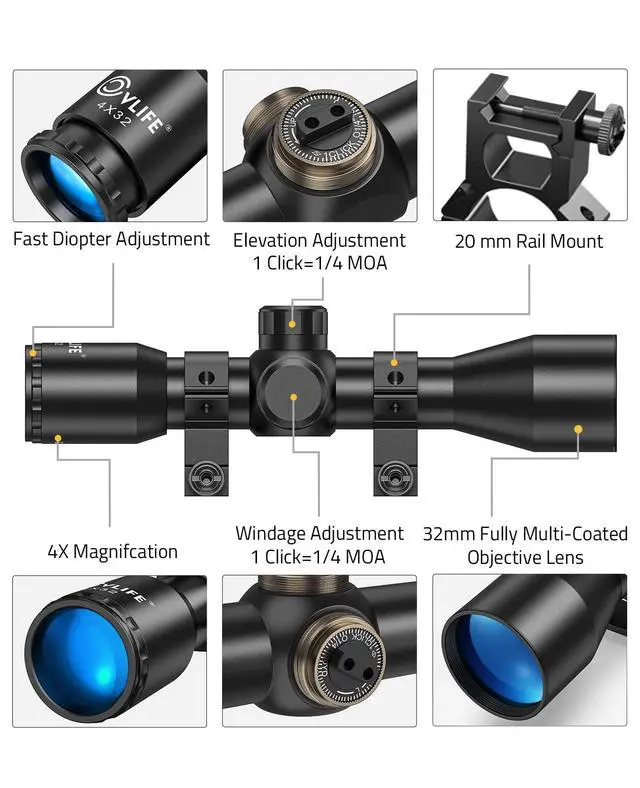 Alt view image 2 of 7 - 4x32 Compact Rifle Scope - 1 inch Tube Scope Optics Hunting Scope with Mounts