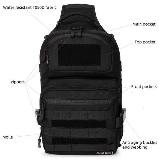 Alt view image 5 of 6 - 15L 1050D Urban Tactical Sling Bag for Men, 12 Inch Laptop, Black | Water Resistant Heavy Duty MOLLE Crossbody One Shoulder Strap Backpack, Everyday Carry Commuting, Travel, Cycling, Motorcycle