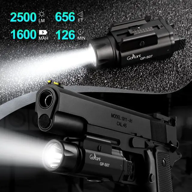 Alt view image 2 of 7 - 2500 Lumens Weapon Light - Adjustable Rail LED Light, Aircraft-Grade Aluminum, Magnetic Rechargeable Strobe Tactical Flashlight for Picatinny or GL Rail