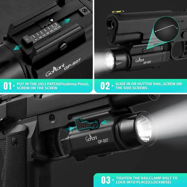Alt view image 4 of 7 - 2500 Lumens Weapon Light - Adjustable Rail LED Light, Aircraft-Grade Aluminum, Magnetic Rechargeable Strobe Tactical Flashlight for Picatinny or GL Rail