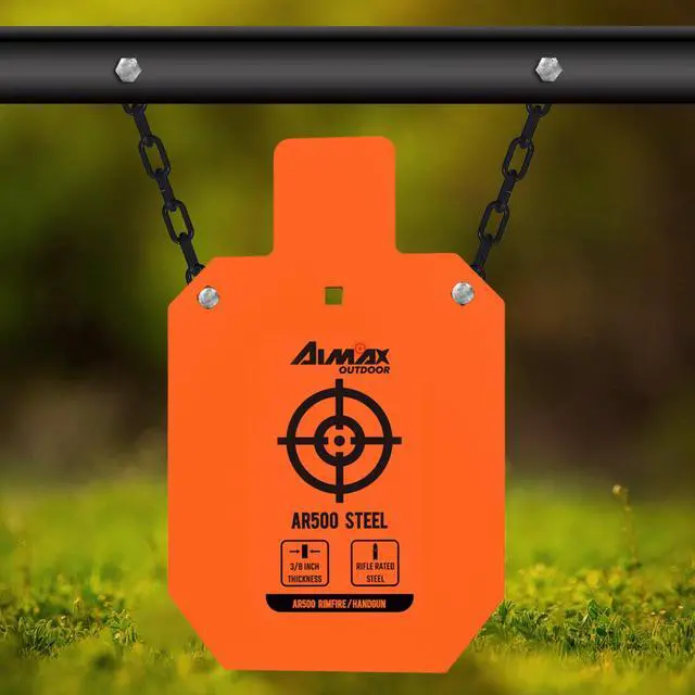 Alt view image 4 of 6 - AR500 Steel Targets Combo with Metal Chains, 3/8 Thick Metal Gong Silhouette Targets for Outdoor Range and Shooting Practice, Neon Orange Color