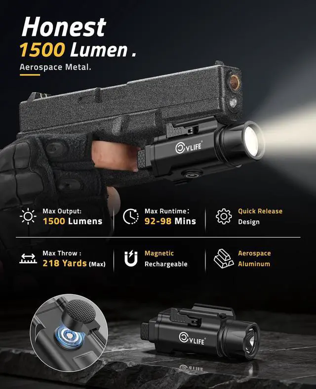Alt view image 2 of 7 - 1500 Lumens Pistol Flashlight Magnetic Rechargeable, Gun Light for Pistol with Quick Install Adjustable Rail, Picatinny Flashlight with Strobe Function