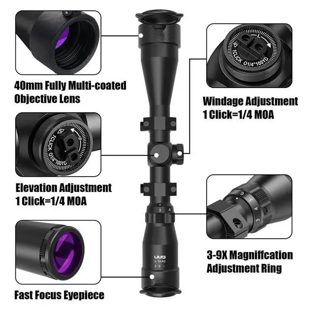 Alt view image 4 of 7 - 3-9x40 Rifle Scope with Red/Green Illuminated Rangefinder Reticle, 20mm Picatinny/Weaver Rings Included, 1/4 MOA Adjustment, Fast Focus Eyepiece, Waterproof Fogproof