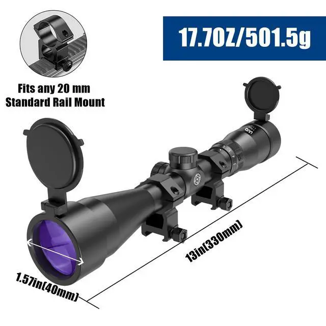 Alt view image 5 of 7 - 3-9x40 Rifle Scope with Red/Green Illuminated Rangefinder Reticle, 20mm Picatinny/Weaver Rings Included, 1/4 MOA Adjustment, Fast Focus Eyepiece, Waterproof Fogproof