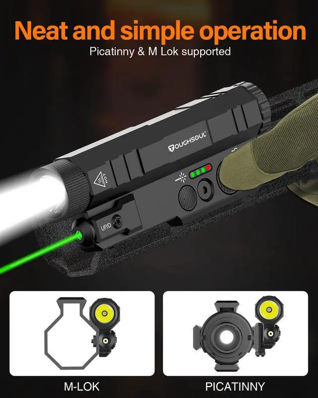 Alt view image 2 of 6 - Mlok Picatinny Tactical Flashlight Green Laser Sight Combo | 2400 Lumen Max,Light with Momentary Strobe Function
