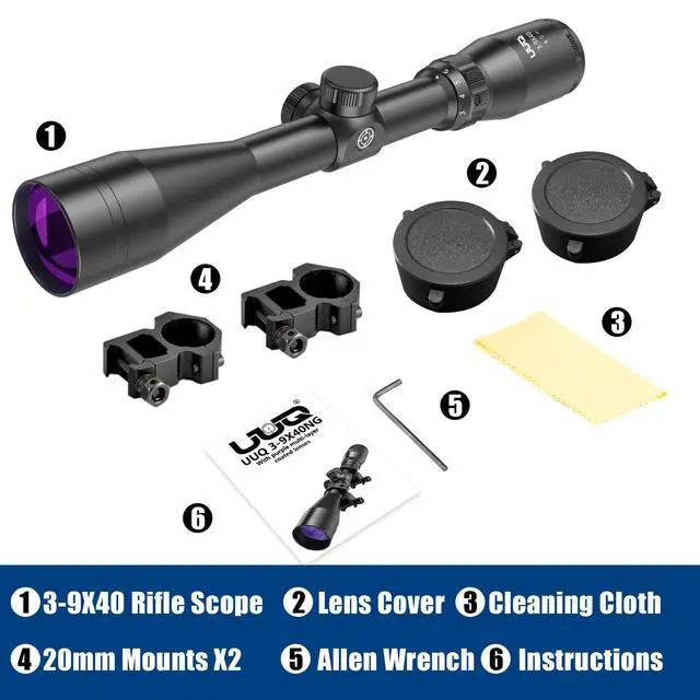 Alt view image 7 of 7 - 3-9x40 Rifle Scope with Red/Green Illuminated Rangefinder Reticle, 20mm Picatinny/Weaver Rings Included, 1/4 MOA Adjustment, Fast Focus Eyepiece, Waterproof Fogproof