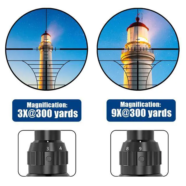 Alt view image 4 of 7 - 3-9x40 Rifle Scope with Red/Green Illuminated Rangefinder Reticle, 20mm Picatinny/Weaver Rings Included, 1/4 MOA Adjustment, Fast Focus Eyepiece, Waterproof Fogproof